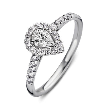 Peervormige verlovingsring van 18 karaat witgoud met 0.50 ct lab-grown diamanten en zijdiamanten