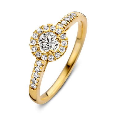 Luxe entourage verlovingsring van 18 karaat geelgoud met 0.50 ct lab-grown diamanten en verfijnde halo zetting.