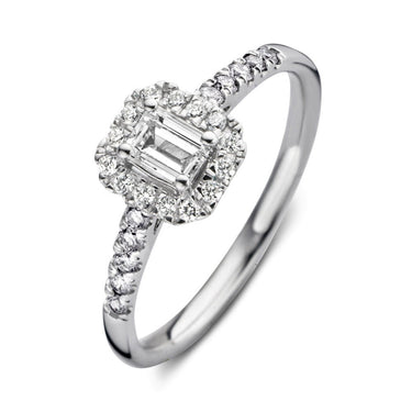 Emerald verlovingsring van 18 karaat witgoud met 0.50 ct lab-grown diamanten en zijdiamanten