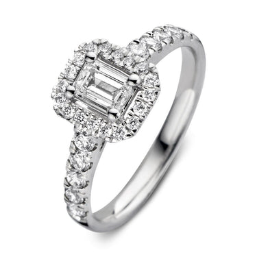 Emerald verlovingsring van 18 karaat witgoud met 1.00 ct lab-grown diamanten en zijdiamanten