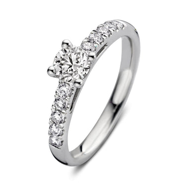 Witgouden verlovingsring met 0.80 ct lab-grown diamant en pavé gezette zijdiamanten