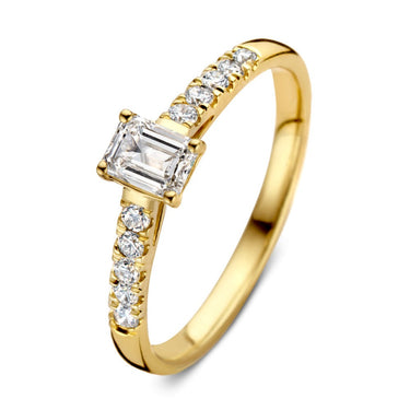 Emerald verlovingsring van 18 karaat geelgoud met 0.48 ct lab-grown diamanten en zijdiamanten