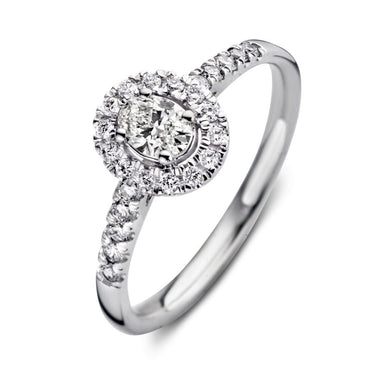 Witgouden halo verlovingsring met 0.50 ct lab-grown diamanten en ovale middensteen