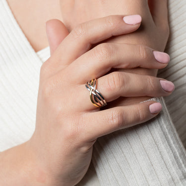 Dubbele Crossover Ring Tricolor Zilver