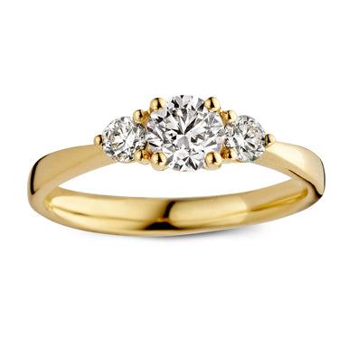 Trilogy verlovingsring van 18 karaat geelgoud met 0.75 ct lab-grown diamanten