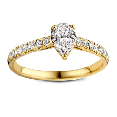 Peervormige verlovingsring van 18 karaat geelgoud met lab-grown diamant en briljant zijdiamanten
