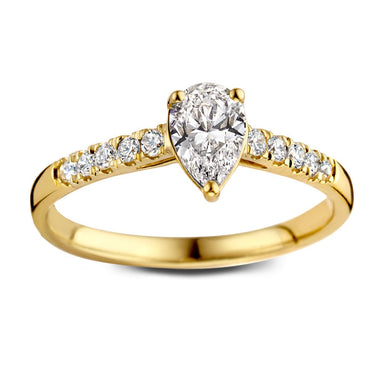 Peervormige verlovingsring van 18 karaat geelgoud met 0.75 ct lab-grown diamant en zijdiamanten

