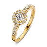 Luxe entourage verlovingsring van 18 karaat geelgoud met 0.50 ct lab-grown diamanten en verfijnde halo zetting.