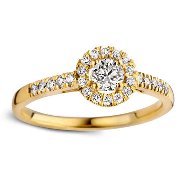 Luxe entourage verlovingsring van 18 karaat geelgoud met 0.50 ct lab-grown diamanten en verfijnde halo zetting.