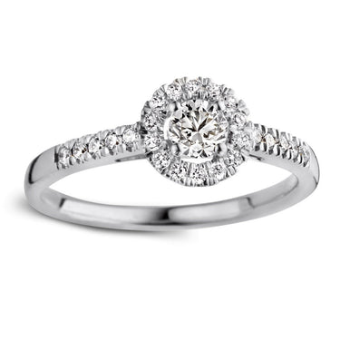 Entourage verlovingsring van 18 karaat witgoud met 0.50 ct lab-grown diamanten en zijdiamanten