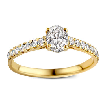 Exclusieve verlovingsring van 18 karaat geelgoud met ovale diamant en pavé details