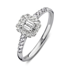 Emerald verlovingsring van 18 karaat witgoud met 0.50 ct lab-grown diamanten en zijdiamanten