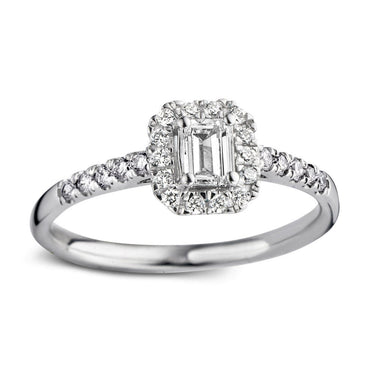 Emerald verlovingsring van 18 karaat witgoud met 0.50 ct lab-grown diamanten en zijdiamanten