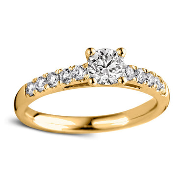 Solitaire verlovingsring van 18 karaat geelgoud met 0.80 ct lab-grown diamanten en zijdiamanten