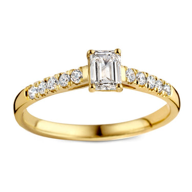 Emerald verlovingsring van 18 karaat geelgoud met 0.48 ct lab-grown diamanten en zijdiamanten