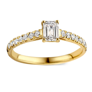 Emerald verlovingsring van 18 karaat geelgoud met 0.75 ct lab-grown diamanten en zijdiamanten