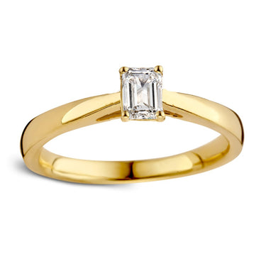 Emerald solitaire verlovingsring van 18 karaat geelgoud met 0.30 ct lab-grown diamant