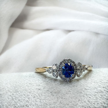 Vintage Bicolor Saffier Ring met Diamant 14k Goud