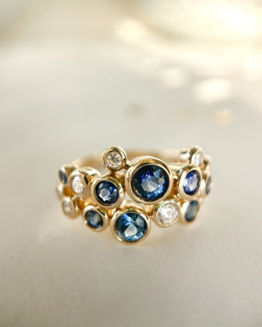 Bubbel Ring Saffier & Diamant 0.29ct 14k Geelgoud