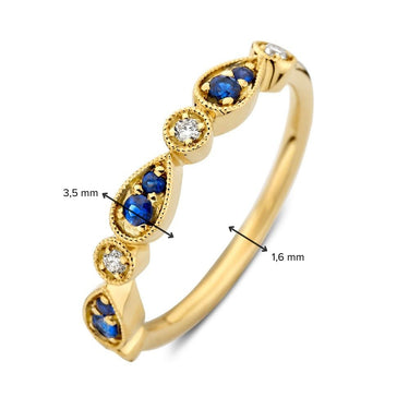 Saffier & Diamanten Ring 0.16ct. Geelgoud